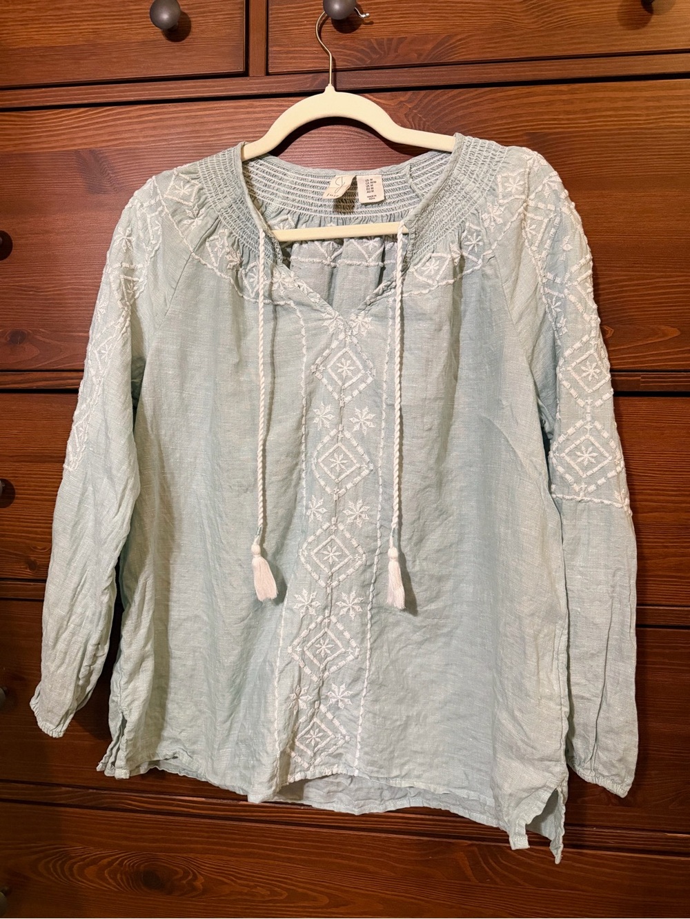 Joie 100% Linen Embroidered Tassel Blouse Light Turquoise Blue M